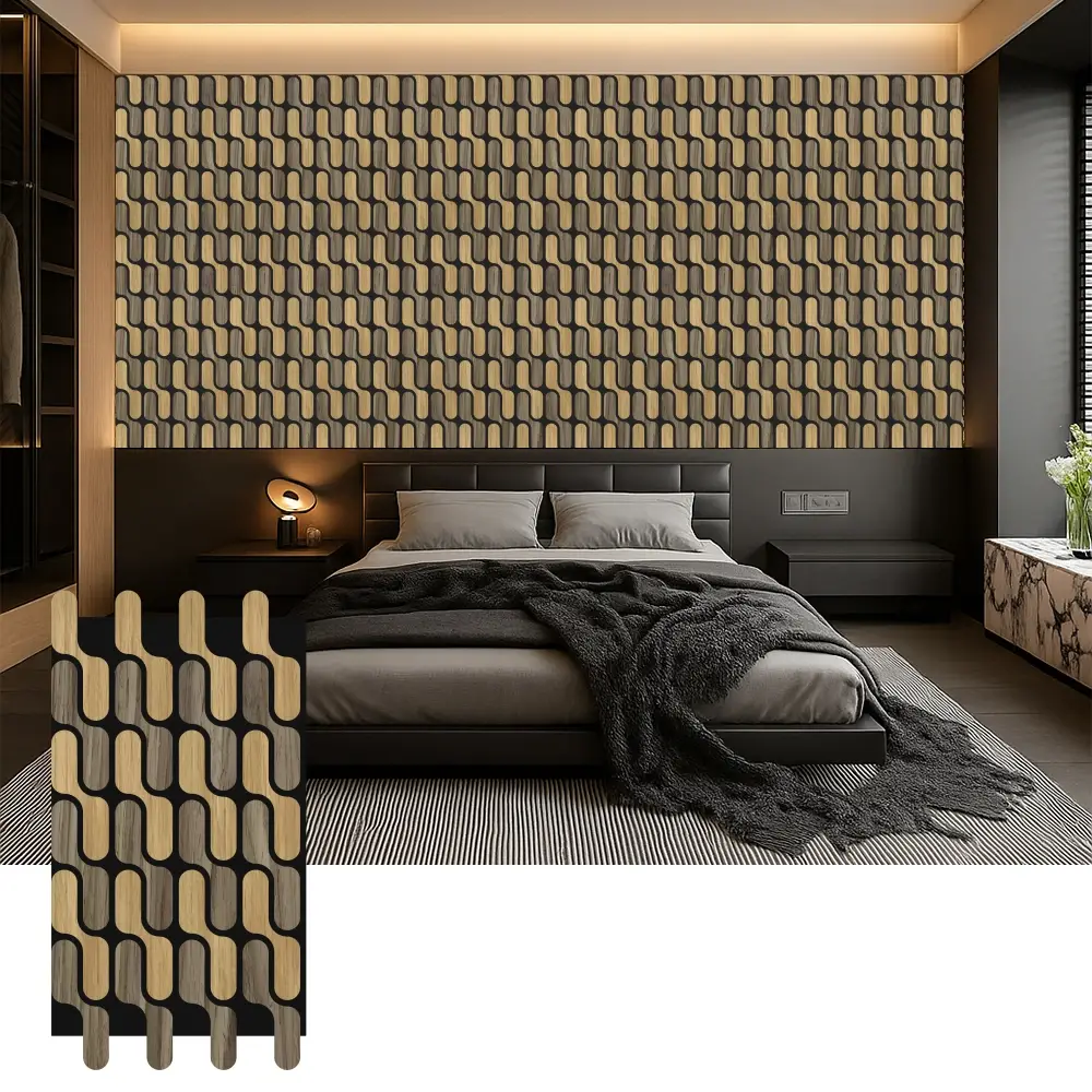 Paneles acústicos de madera para control de sonido en dormitorios.